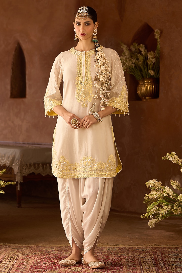 Daisy Ivory Silk Chanderi Pearl Embroidered Short Kurta Set by Sheetal Batra at Pernia's Pop Up Shop
