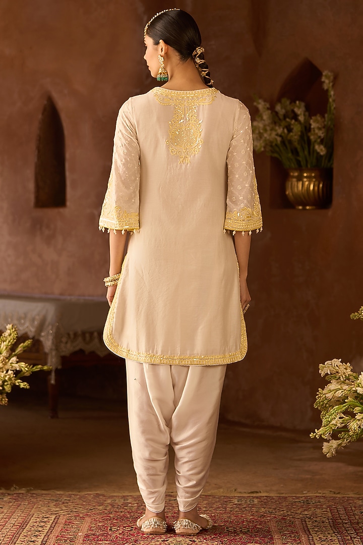 Daisy Ivory Silk Chanderi Pearl Embroidered Short Kurta Set by Sheetal Batra at Pernia's Pop Up Shop