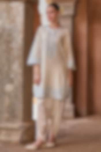 Daisy Ivory Silk Chanderi Pearl Embroidered Short Kurta Set by Sheetal Batra at Pernia's Pop Up Shop