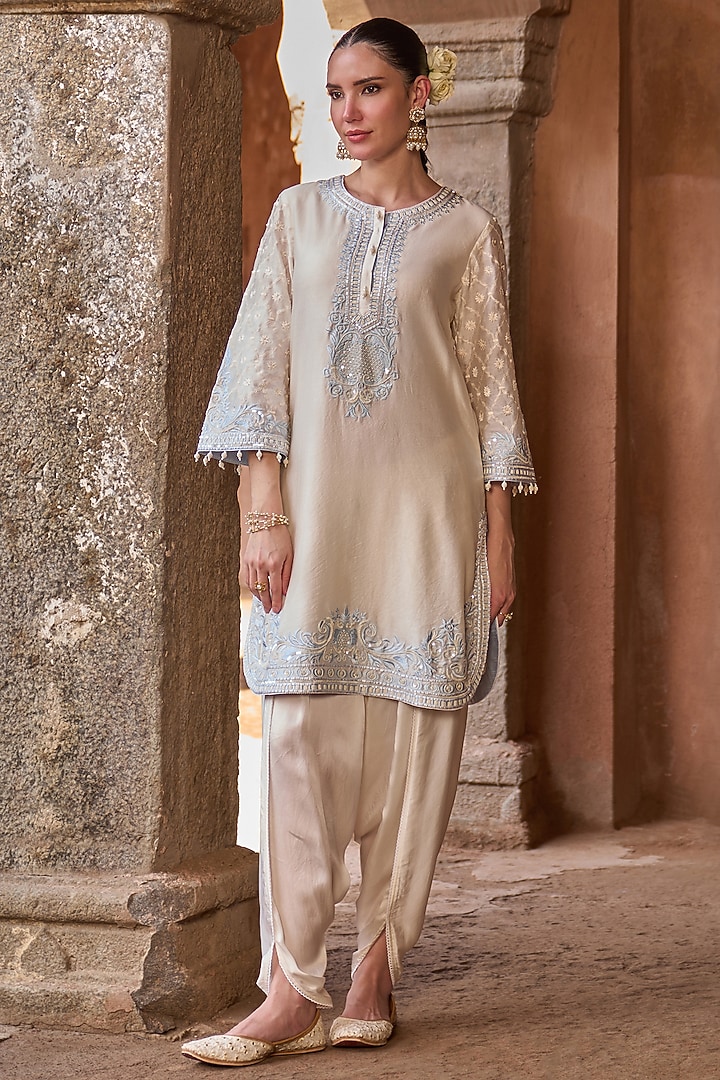 Daisy Ivory Silk Chanderi Pearl Embroidered Short Kurta Set by Sheetal Batra at Pernia's Pop Up Shop