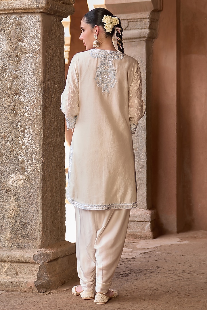 Daisy Ivory Silk Chanderi Pearl Embroidered Short Kurta Set by Sheetal Batra at Pernia's Pop Up Shop