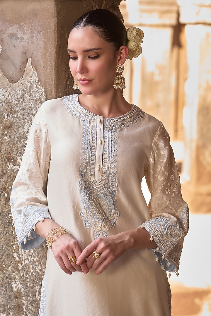 Daisy Ivory Silk Chanderi Pearl Embroidered Short Kurta Set by Sheetal Batra at Pernia's Pop Up Shop