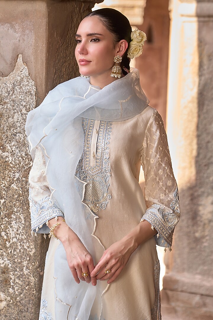 Daisy Ivory Silk Chanderi Pearl Embroidered Short Kurta Set by Sheetal Batra at Pernia's Pop Up Shop