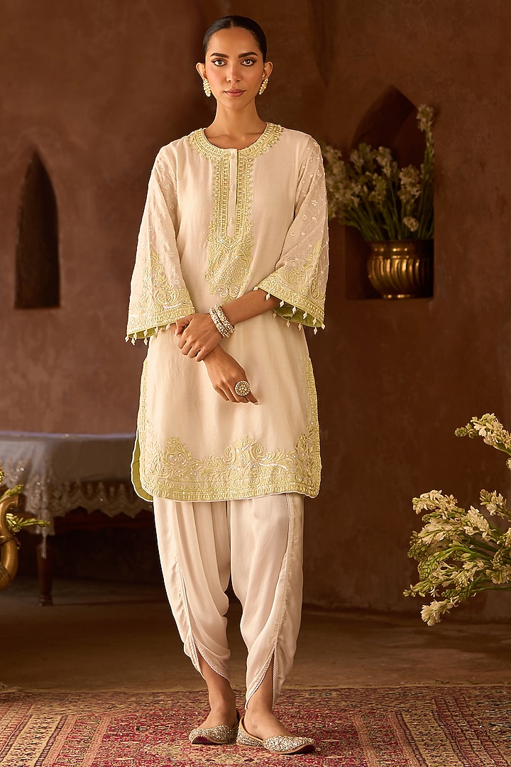Daisy Ivory Silk Chanderi Pearl Embroidered Short Kurta Set by Sheetal Batra at Pernia's Pop Up Shop