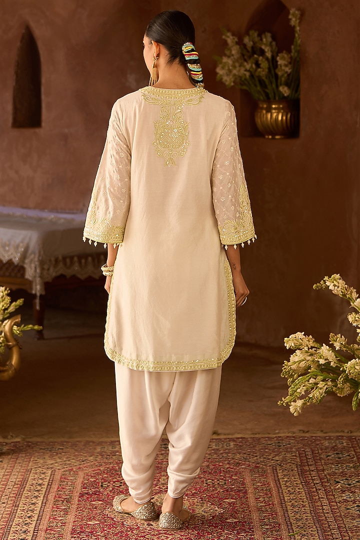 Daisy Ivory Silk Chanderi Pearl Embroidered Short Kurta Set by Sheetal Batra at Pernia's Pop Up Shop