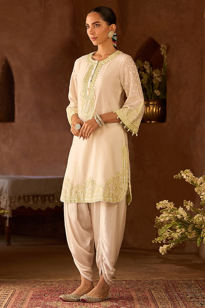 Daisy Ivory Silk Chanderi Pearl Embroidered Short Kurta Set by Sheetal Batra at Pernia's Pop Up Shop