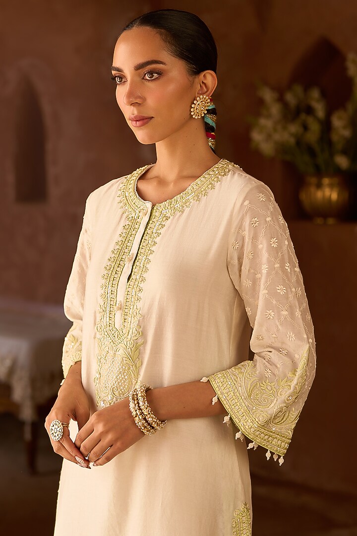 Daisy Ivory Silk Chanderi Pearl Embroidered Short Kurta Set by Sheetal Batra at Pernia's Pop Up Shop