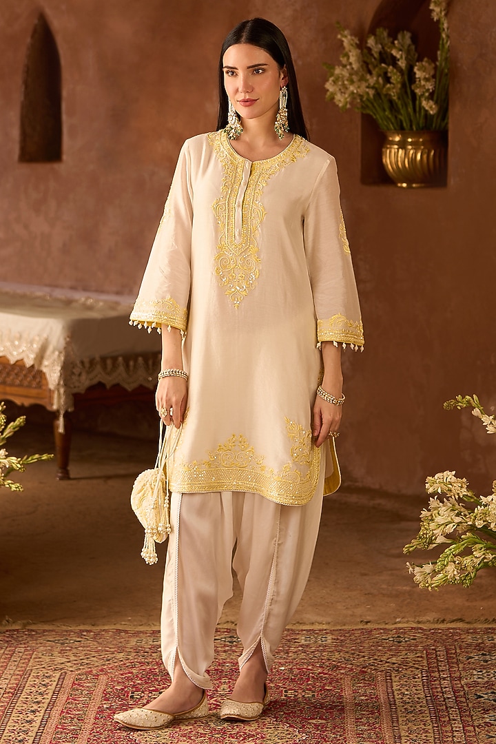 Daisy Ivory Silk Chanderi Pearl Embroidered Short Kurta Set by Sheetal Batra at Pernia's Pop Up Shop