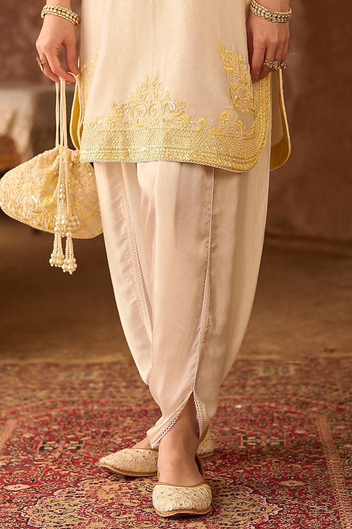 Daisy Ivory Silk Chanderi Pearl Embroidered Short Kurta Set by Sheetal Batra at Pernia's Pop Up Shop