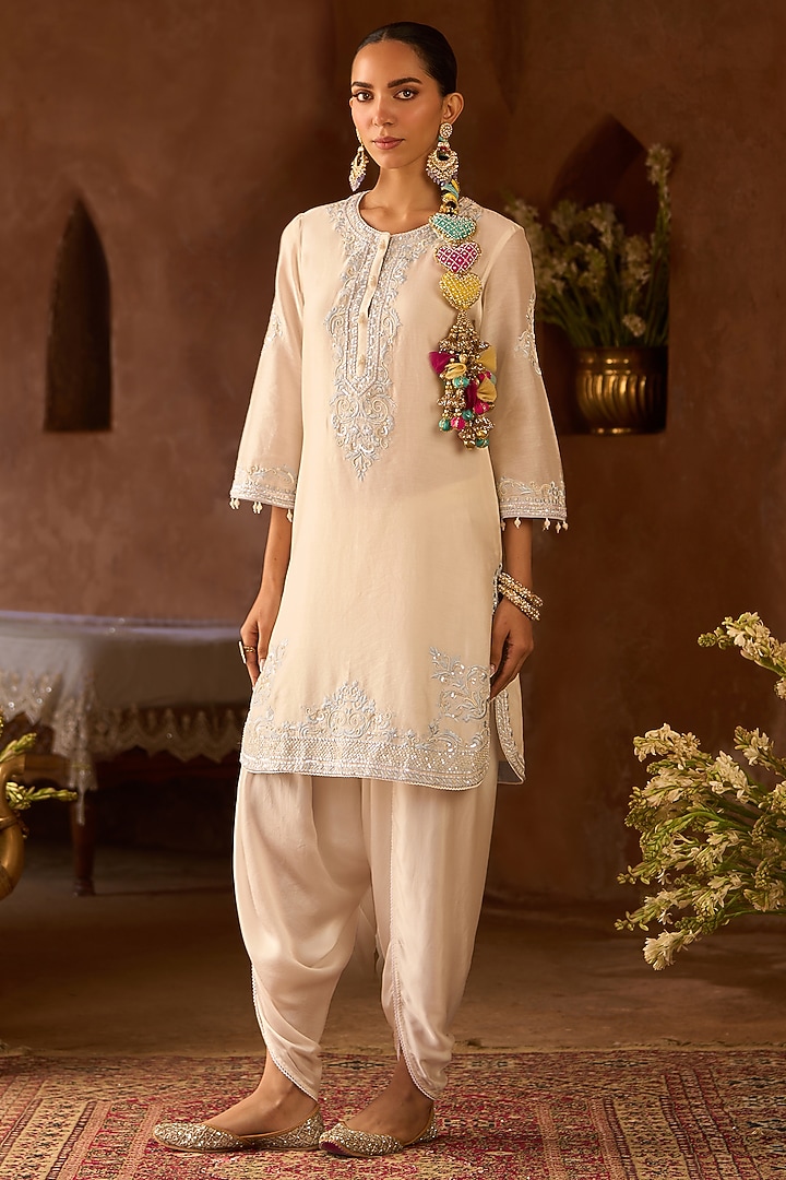 Daisy Ivory Silk Chanderi Pearl Embroidered Short Kurta Set by Sheetal Batra at Pernia's Pop Up Shop