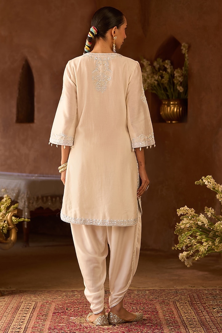 Daisy Ivory Silk Chanderi Pearl Embroidered Short Kurta Set by Sheetal Batra at Pernia's Pop Up Shop