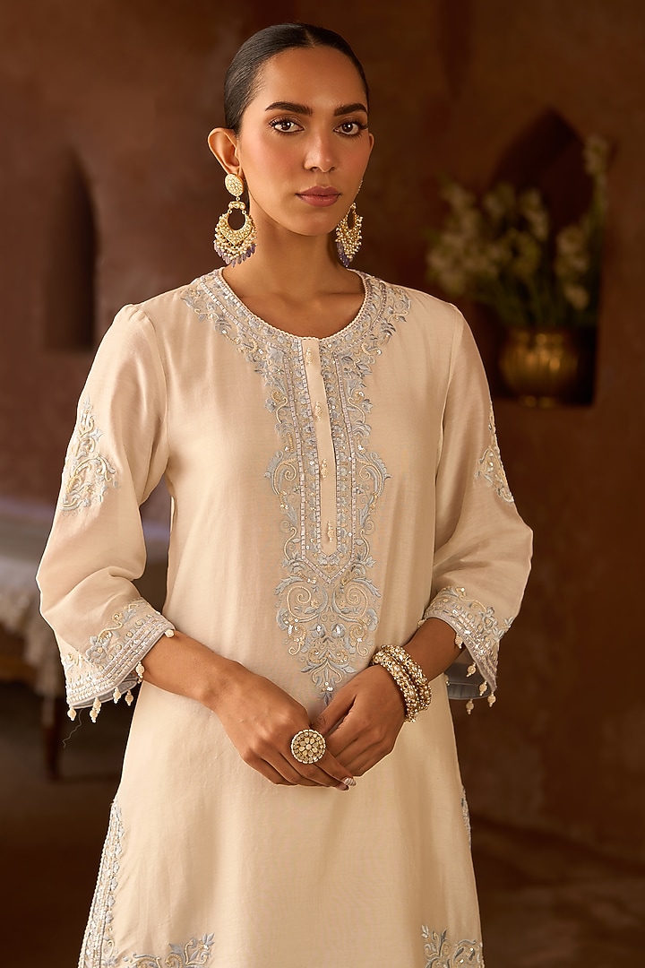 Daisy Ivory Silk Chanderi Pearl Embroidered Short Kurta Set by Sheetal Batra at Pernia's Pop Up Shop