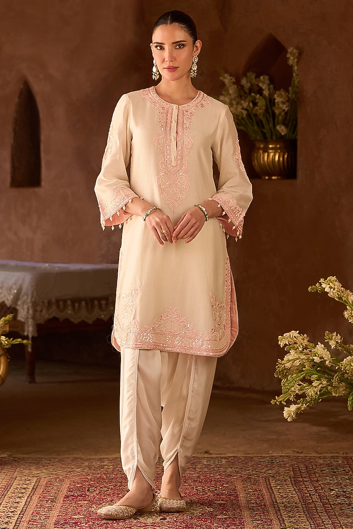 Daisy Ivory Silk Chanderi Pearl Embroidered Short Kurta Set by Sheetal Batra at Pernia's Pop Up Shop