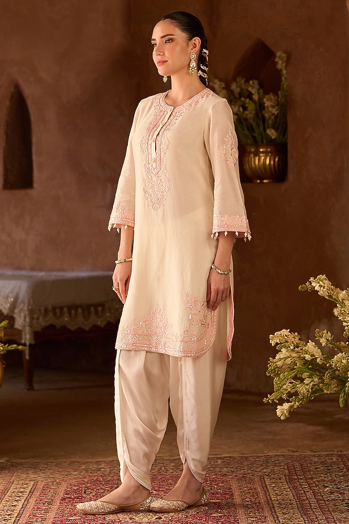 Daisy Ivory Silk Chanderi Pearl Embroidered Short Kurta Set by Sheetal Batra at Pernia's Pop Up Shop