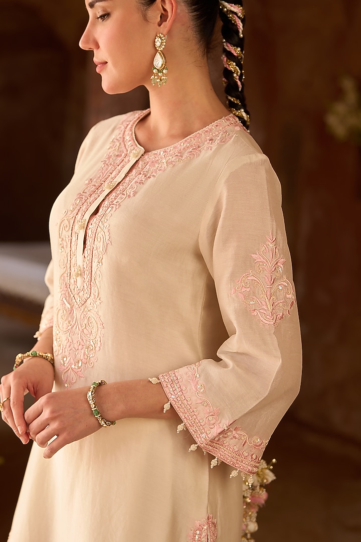Daisy Ivory Silk Chanderi Pearl Embroidered Short Kurta Set by Sheetal Batra at Pernia's Pop Up Shop