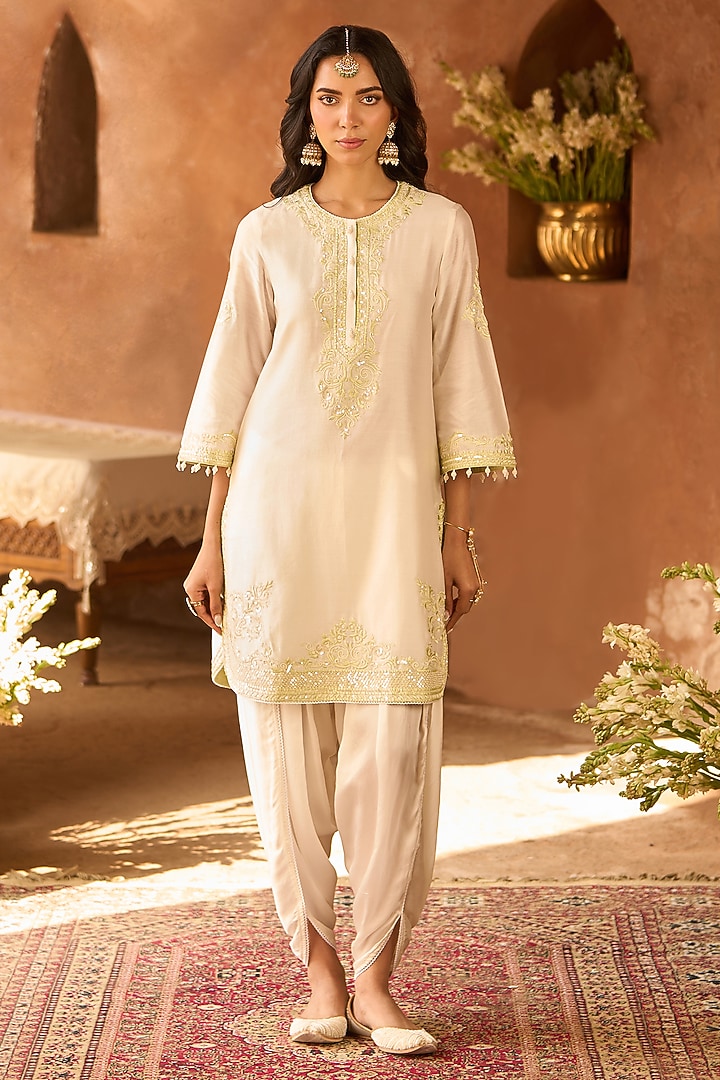 Daisy Ivory Silk Chanderi Pearl Embroidered Short Kurta Set by Sheetal Batra at Pernia's Pop Up Shop