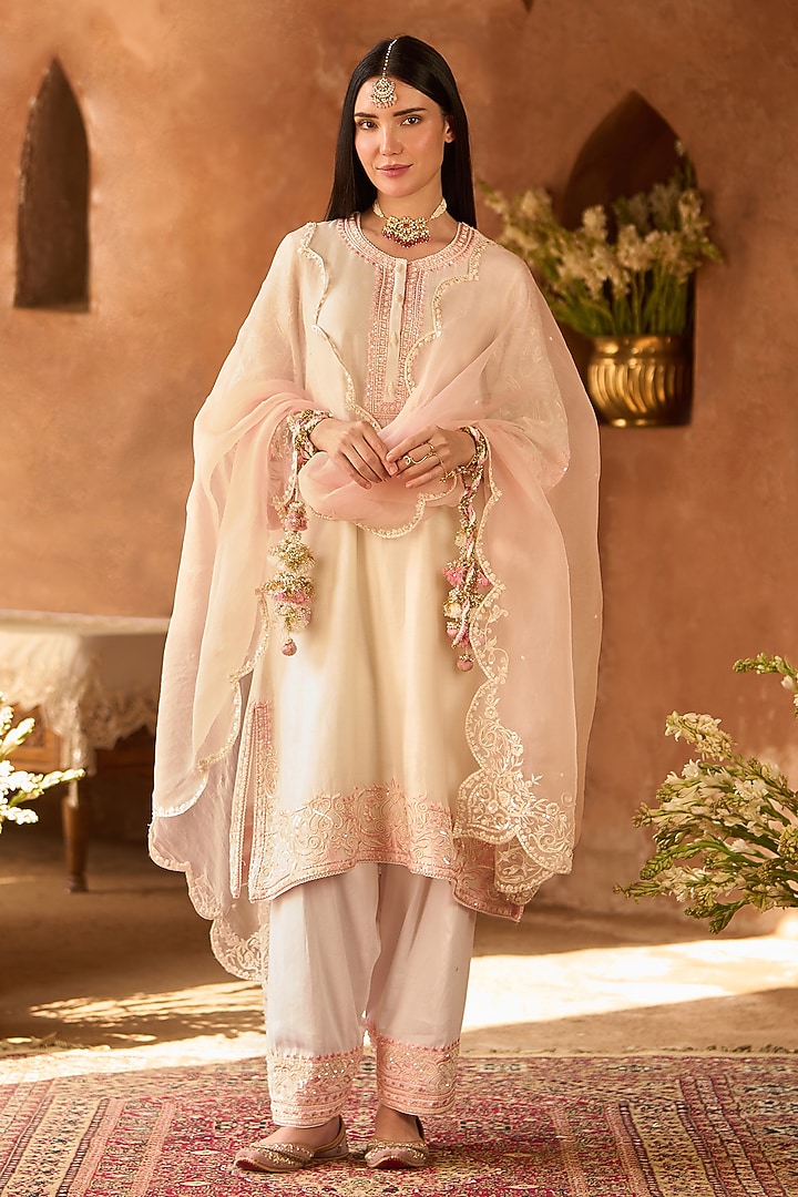 Daisy Ivory Silk Chanderi Parsi Ghara Embroidered Kurta Set by Sheetal Batra at Pernia's Pop Up Shop