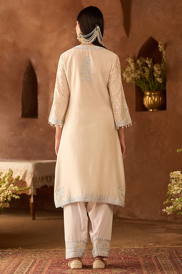 Daisy Ivory Silk Chanderi Parsi Ghara Embroidered Kurta Set by Sheetal Batra at Pernia's Pop Up Shop