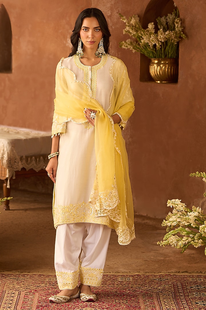 Daisy Ivory Silk Chanderi Parsi Ghara Embroidered A-line Kurta Set by Sheetal Batra at Pernia's Pop Up Shop