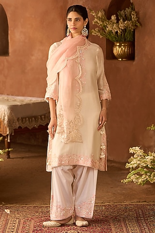 Daisy Ivory Silk Chanderi Pasri Ghara Embroidered A-Line Kurta Set by Sheetal Batra
