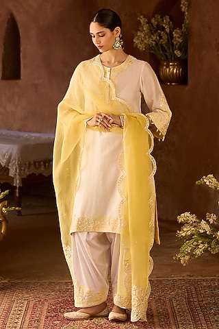 Daisy Ivory Silk Chanderi Pasri Ghara Embroidered A-Line Kurta Set by Sheetal Batra