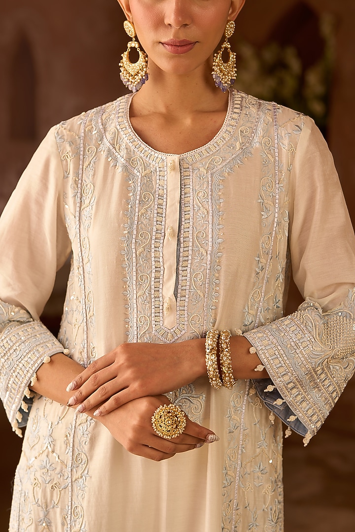 Daisy Ivory Silk Chanderi Sequins Embroidered Kurta Set by Sheetal Batra at Pernia's Pop Up Shop