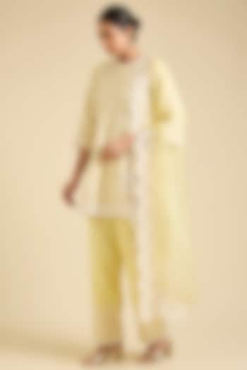 Yellow Silk Chanderi Sequin & Pearl Embroidered Kurta Set by Sheetal Batra at Pernia's Pop Up Shop