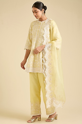 Yellow Silk Chanderi Sequin & Pearl Embroidered Kurta Set by Sheetal Batra