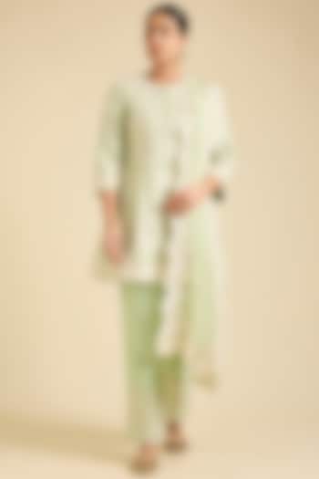 Green Silk Chanderi Sequin & Pearl Embroidered Kurta Set by Sheetal Batra at Pernia's Pop Up Shop