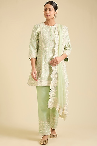 Green Silk Chanderi Sequin & Pearl Embroidered Kurta Set by Sheetal Batra