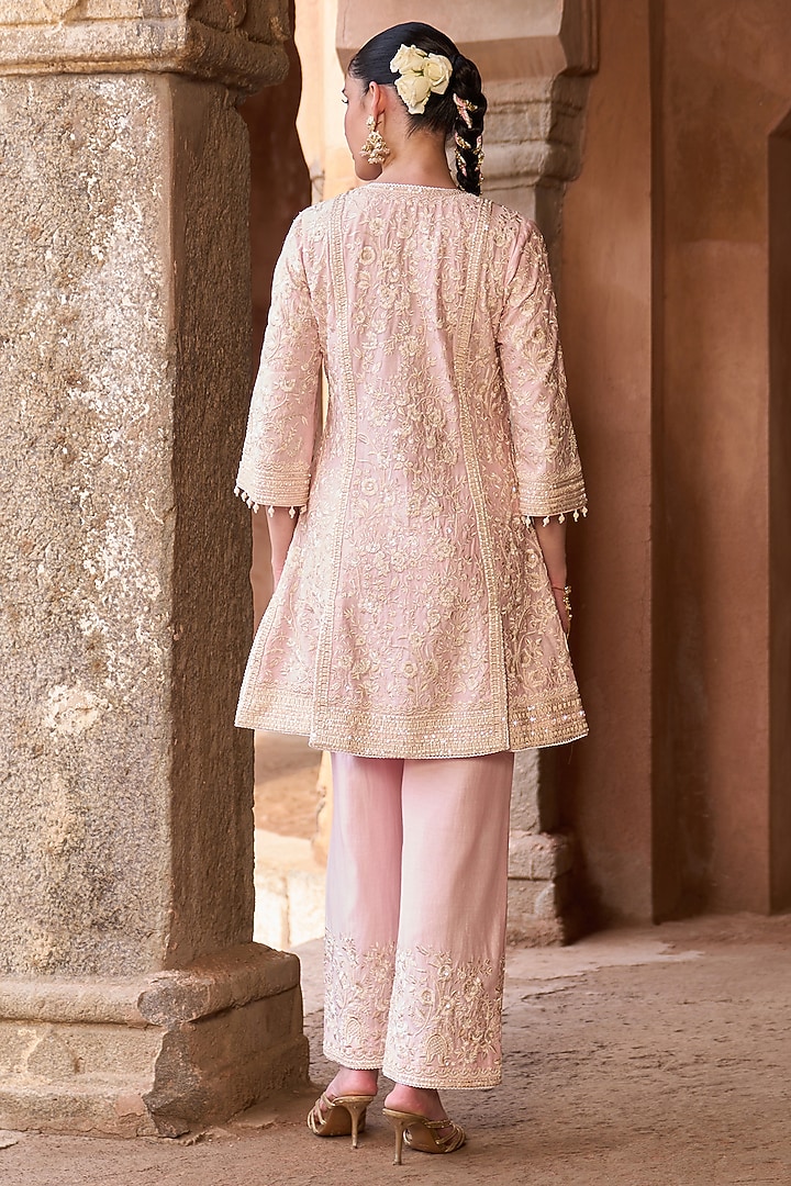 Pink Silk Chanderi Sequins Embroidered A-Line Kurta Set by Sheetal Batra at Pernia's Pop Up Shop