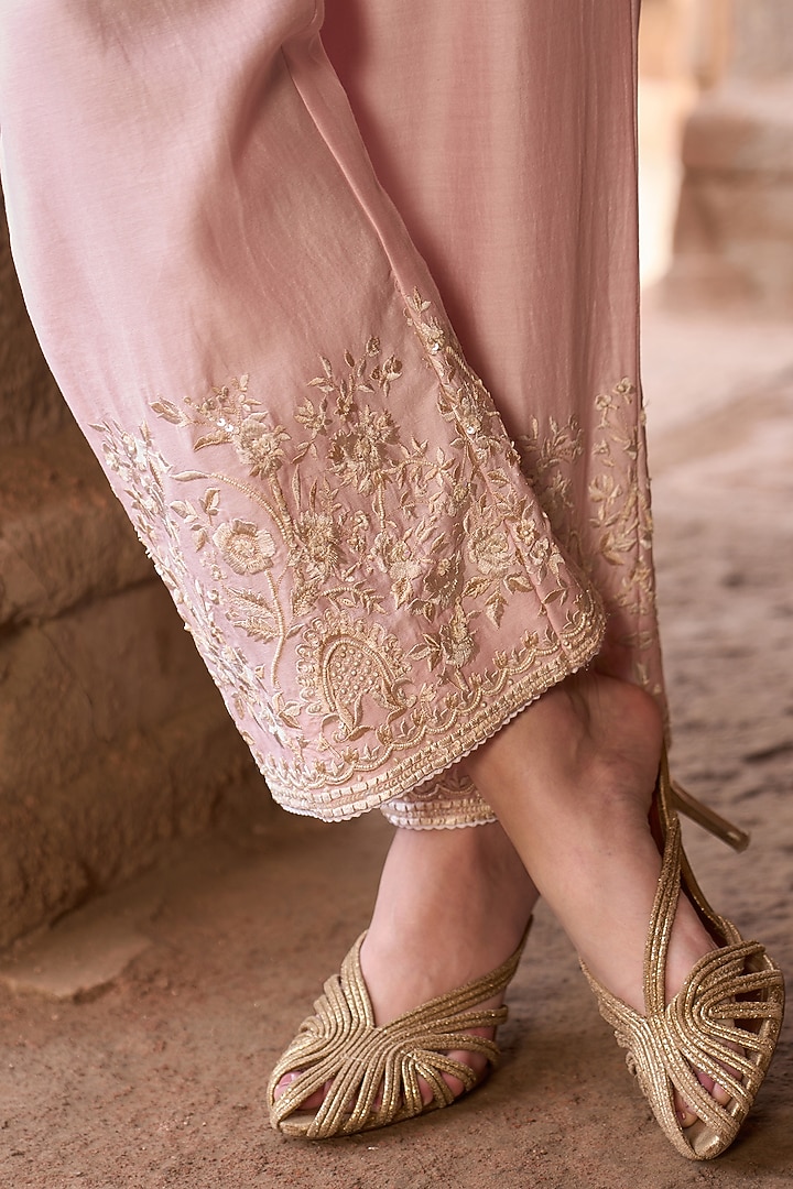 Pink Silk Chanderi Sequins Embroidered A-Line Kurta Set by Sheetal Batra at Pernia's Pop Up Shop