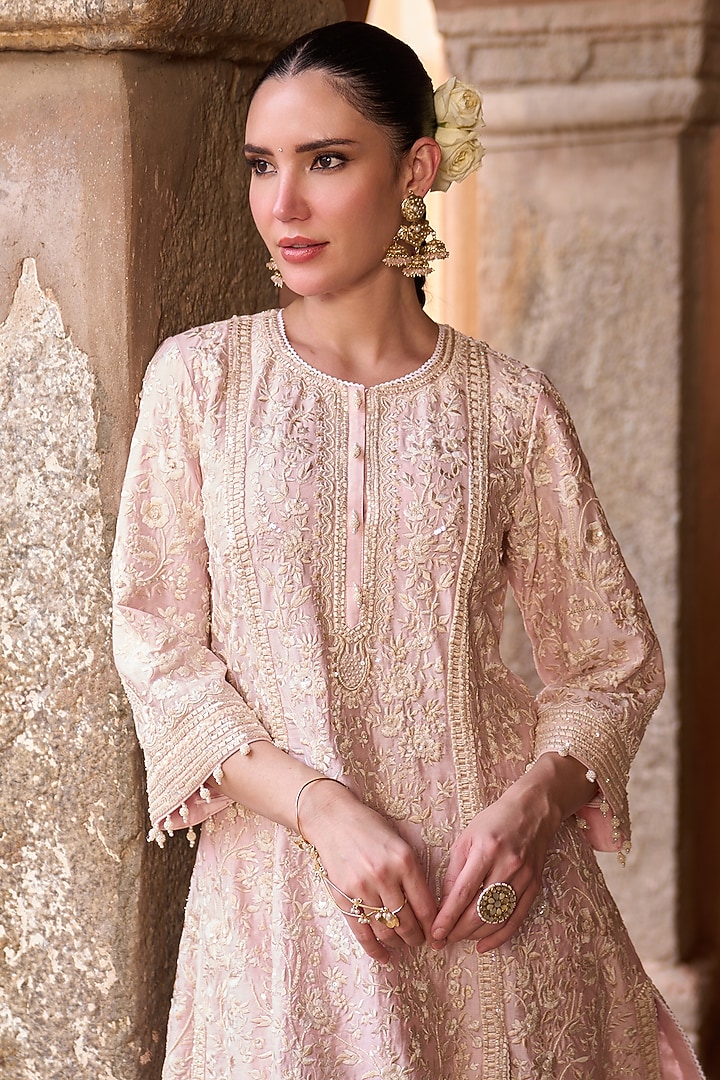 Pink Silk Chanderi Sequins Embroidered A-Line Kurta Set by Sheetal Batra at Pernia's Pop Up Shop