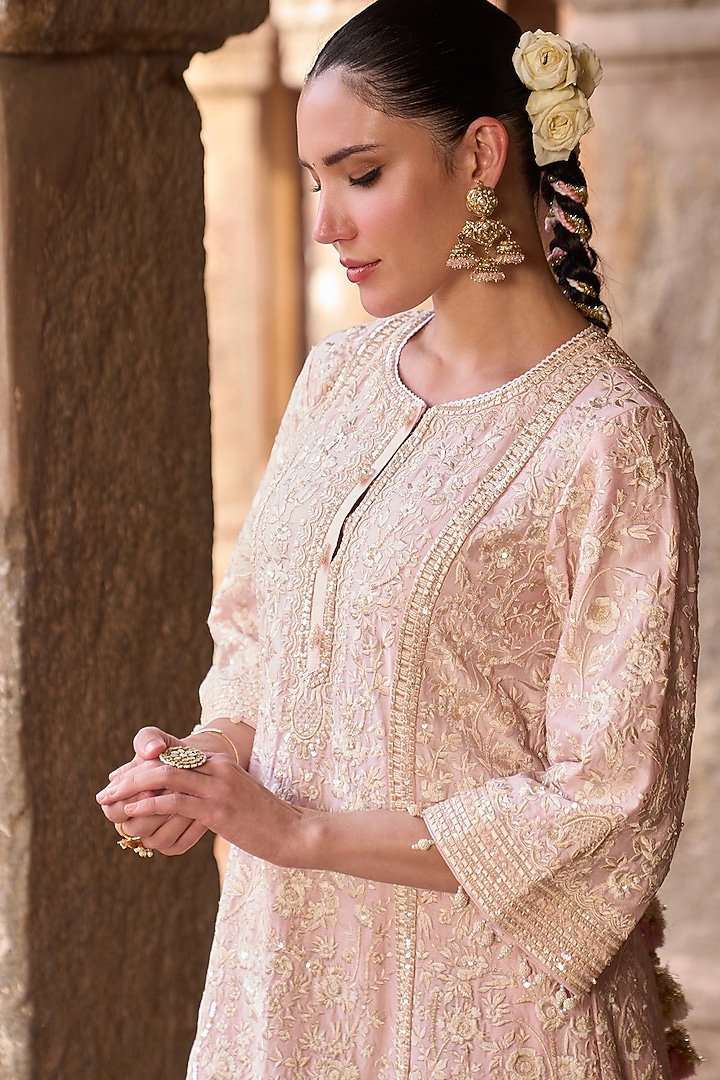 Pink Silk Chanderi Sequins Embroidered A-Line Kurta Set by Sheetal Batra at Pernia's Pop Up Shop