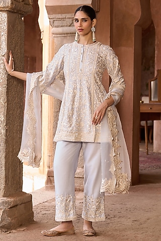 Blue Silk Chanderi Sequins Embroidered A-Line Kurta Set by Sheetal Batra