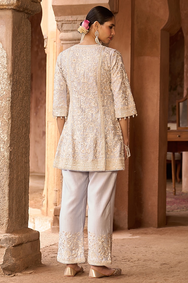 Blue Silk Chanderi Sequins Embroidered A-Line Kurta Set by Sheetal Batra at Pernia's Pop Up Shop