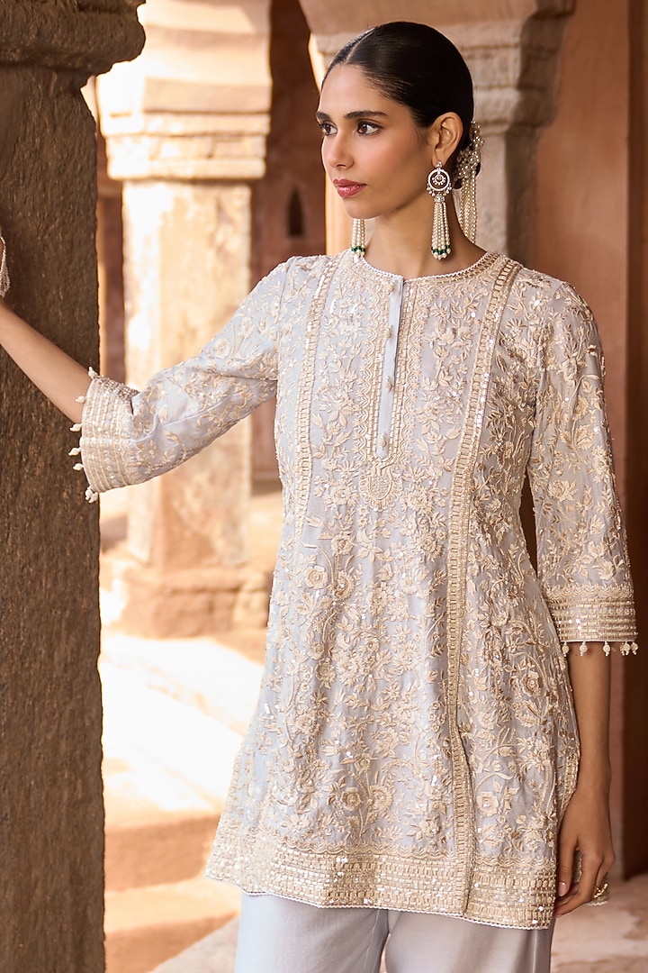 Blue Silk Chanderi Sequins Embroidered A-Line Kurta Set by Sheetal Batra at Pernia's Pop Up Shop