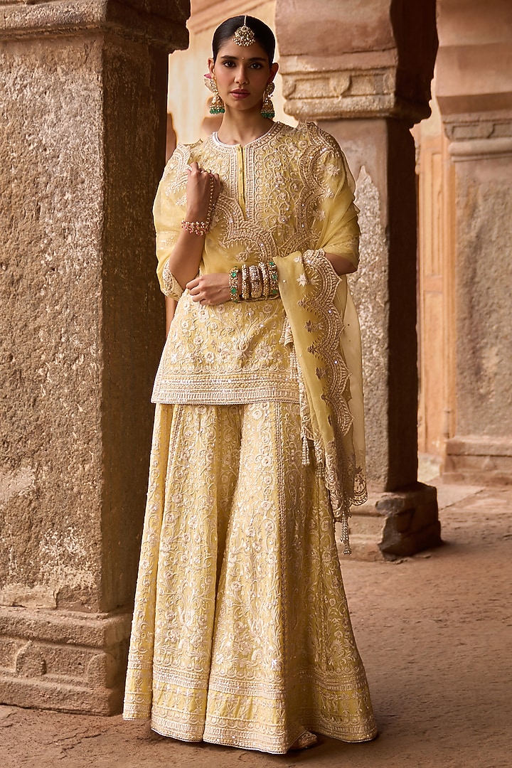 Lemon Yellow Silk Chanderi Sequins Embroidered Bridal Sharara Set by Sheetal Batra at Pernia's Pop Up Shop