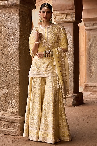 Lemon Yellow Silk Chanderi Sequins Embroidered Sharara Set by Sheetal Batra