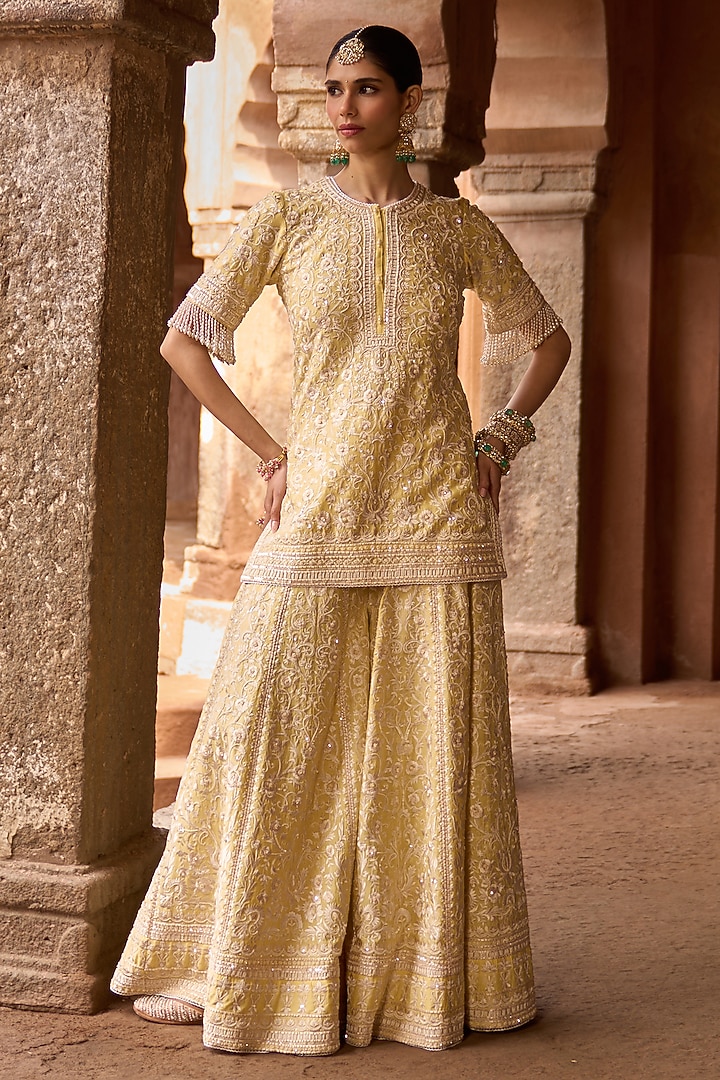 Lemon Yellow Silk Chanderi Sequins Embroidered Bridal Sharara Set by Sheetal Batra at Pernia's Pop Up Shop
