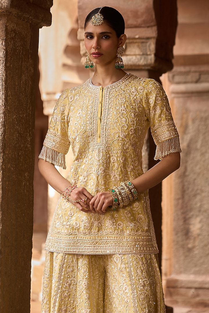 Lemon Yellow Silk Chanderi Sequins Embroidered Bridal Sharara Set by Sheetal Batra at Pernia's Pop Up Shop