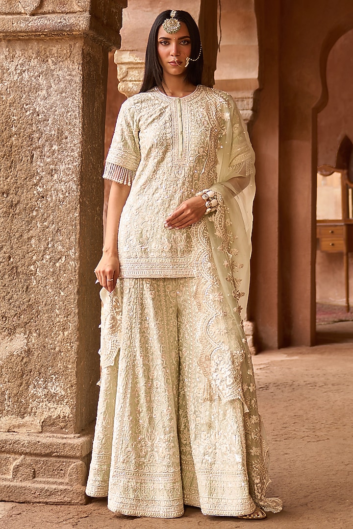 Mint Green Silk Chanderi Sequins Embroidered Bridal Sharara Set by Sheetal Batra at Pernia's Pop Up Shop
