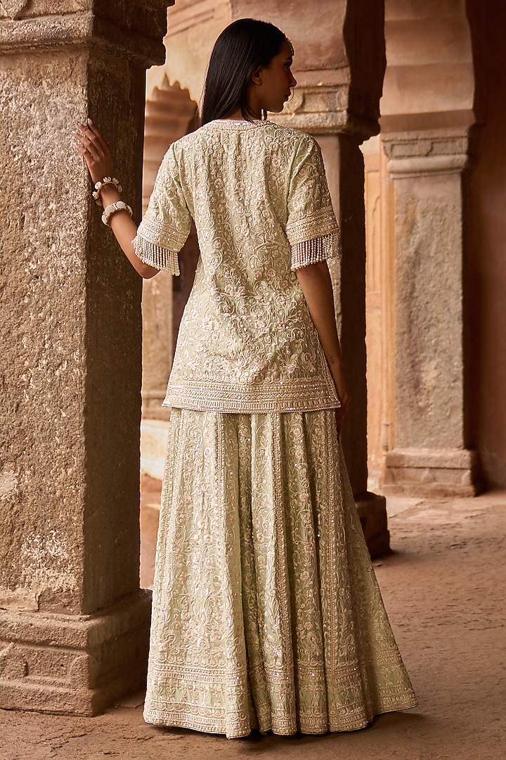 Mint Green Silk Chanderi Sequins Embroidered Bridal Sharara Set by Sheetal Batra at Pernia's Pop Up Shop