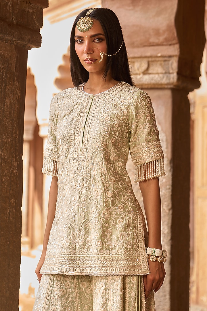 Mint Green Silk Chanderi Sequins Embroidered Bridal Sharara Set by Sheetal Batra at Pernia's Pop Up Shop