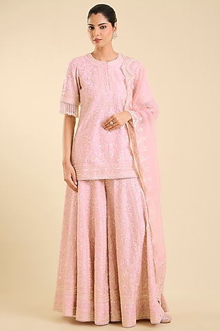 Pink Silk Chanderi Sequin Embroidered Sharara Set by Sheetal Batra