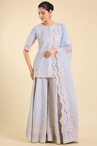 Blue Silk Chanderi Sequin Embroidered Sharara Set by Sheetal Batra