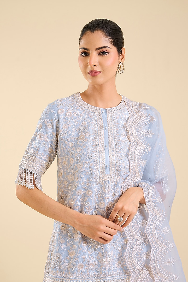 Blue Silk Chanderi Sequin Embroidered Bridal Sharara Set by Sheetal Batra at Pernia's Pop Up Shop
