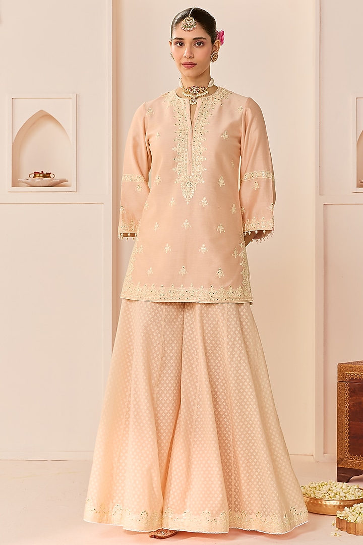 Carnation Pink Chanderi Silk Brasso Wedding Sharara Set by Sheetal Batra at Pernia's Pop Up Shop