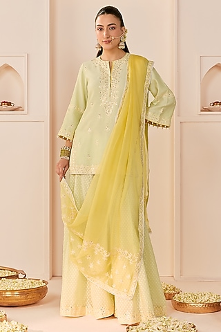 Mint Green Chanderi Silk Brasso Sharara Set by Sheetal Batra