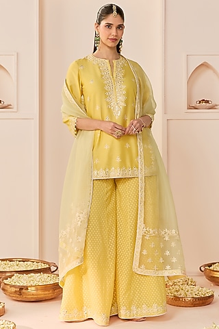 Lemon Yellow Chanderi Silk Brasso Sharara Set by Sheetal Batra